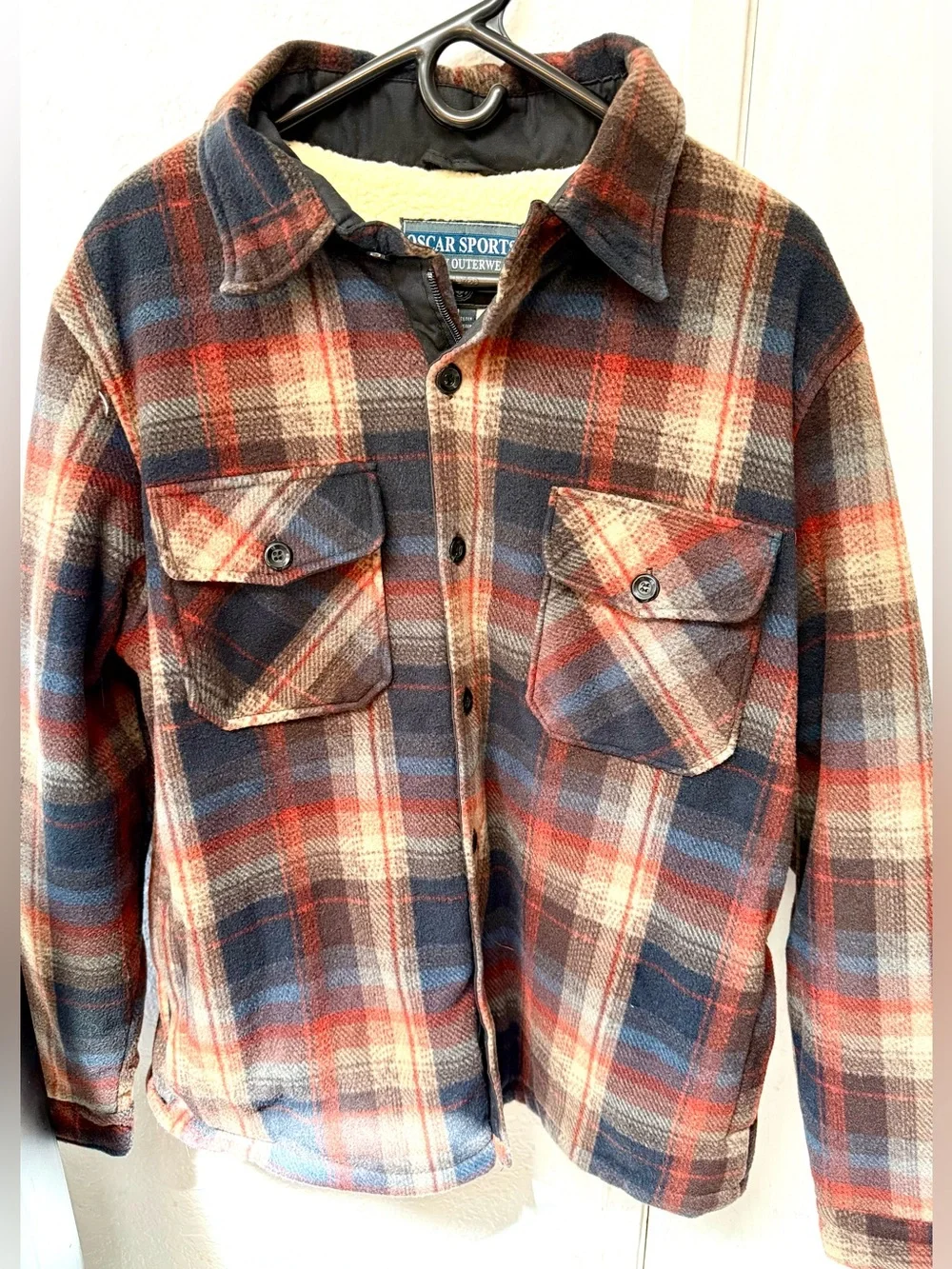 Oscar Sports New Men’s Orange & Black Plaid Sherpa-Lined Jacket Size Medium